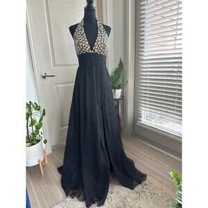 Alyce Paris Black Chiffon Open Back Beaded Halter Gown Sz. 8